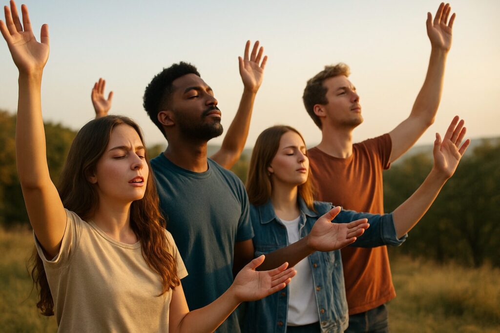 A diverse group of young adults worshiping outdoors at sunset, standing with eyes closed and hands raised in prayer and praise against a natural backdrop of trees and sky.